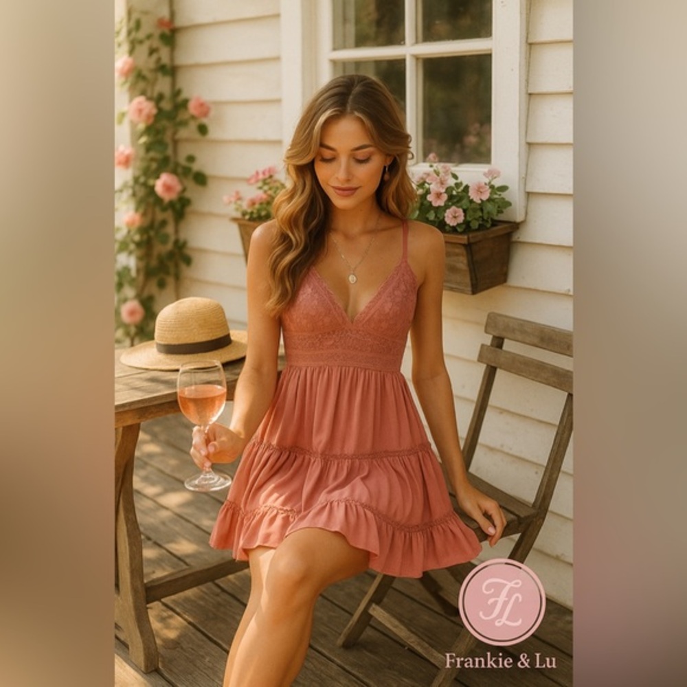 Dusty Rose Lace Tiered Mini Dress NWT | Spaghetti Strap Boho Summer Dress